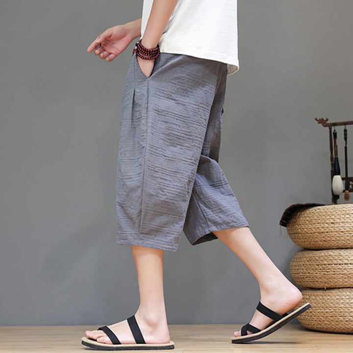 Buddha Stonesヴィンテージ ジャカード 無地 ドローストリング クロップド丈 コットンリネン メンズ ハーレムパンツ ポケット付き - image 4