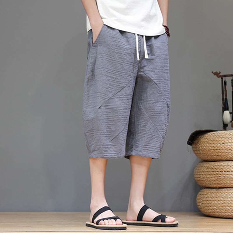 Buddha Stonesヴィンテージ ジャカード 無地 ドローストリング クロップド丈 コットンリネン メンズ ハーレムパンツ ポケット付き - image 1