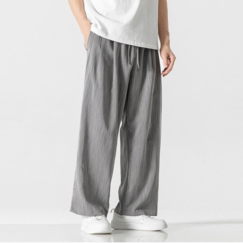 Buddha Stones夏 カジュアル 無地 ストレートレッグデザイン メンズ コットンリネン ドローストリングパンツ ポケット付き - image 3