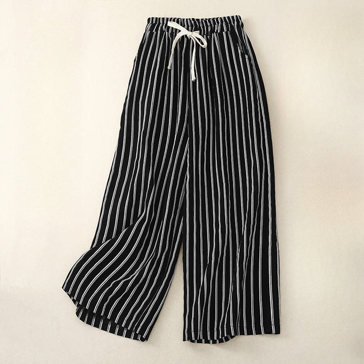 Buddha Stonesカジュアル アクリル ストライプ レースアップ レディース ワイドレッグパンツ ポケット付き