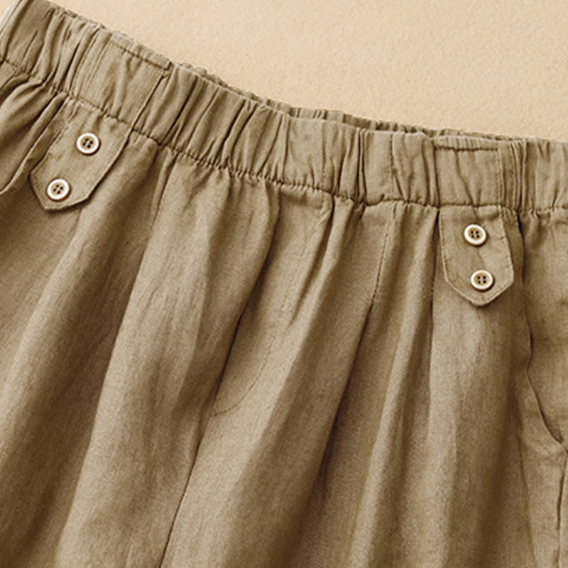 Buddha Stones夏 無地 カジュアル 7-8丈 ボタン レディース コットンリネン ハーレムパンツ ポケット付き - image 3
