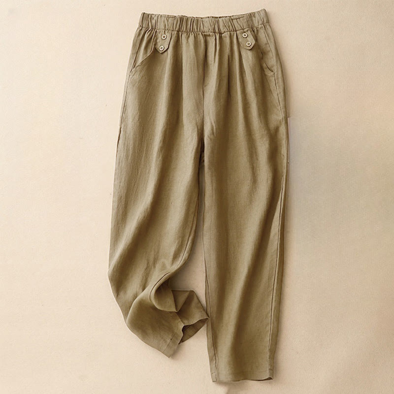 Buddha Stones夏 無地 カジュアル 7-8丈 ボタン レディース コットンリネン ハーレムパンツ ポケット付き - タン - US8-10，UK/AU12-14，EU40-42 (2XL) - image 0