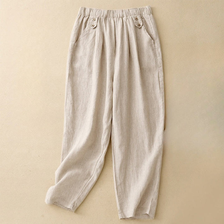 Buddha Stones夏 無地 カジュアル 7-8丈 ボタン レディース コットンリネン ハーレムパンツ ポケット付き - ベージュ - US8-10，UK/AU12-14，EU40-42 (2XL) - image 10