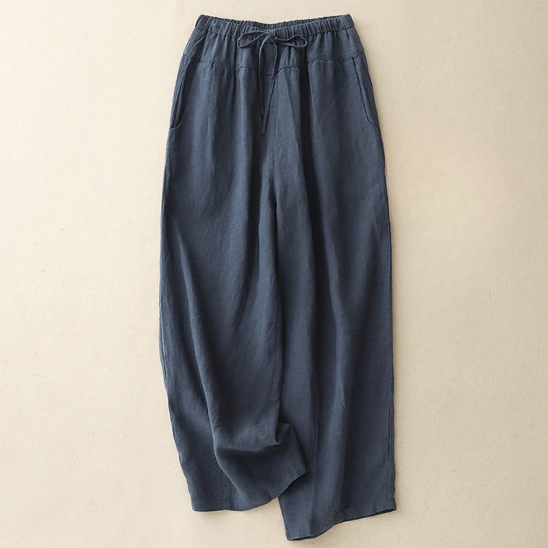 Buddha Stones夏 無地 カジュアル 7-8丈 レースアップ レディース コットンリネン ハーレムパンツ ポケット付き - ダークブルー - US8-10，UK/AU12-14，EU40-42 (2XL) - image 10