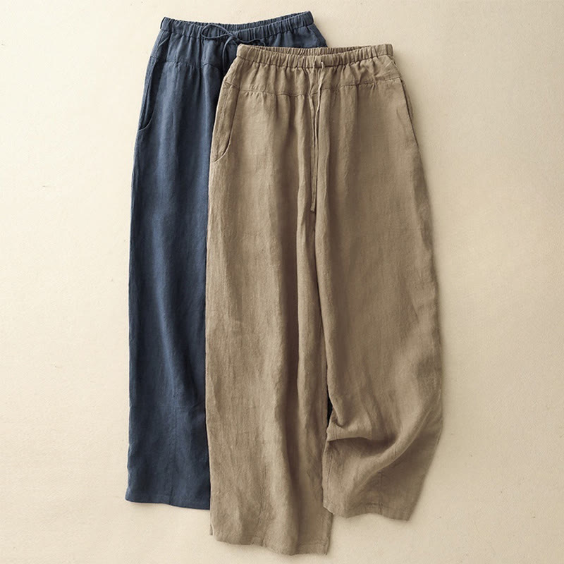 Buddha Stones夏 無地 カジュアル 7-8丈 レースアップ レディース コットンリネン ハーレムパンツ ポケット付き