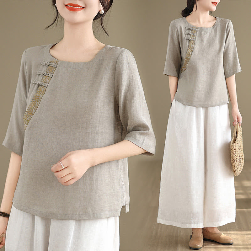Buddha Stonesカジュアル レディース 刺繍入り花柄 カエルボタン クルーネック ハーフスリーブシャツ - image 6