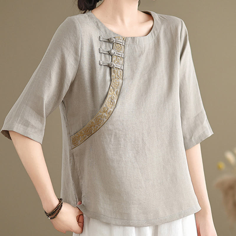 Buddha Stonesカジュアル レディース 刺繍花柄 フロッグボタン クルーネックデザイン 半袖 コットンリネンシャツ - image 1
