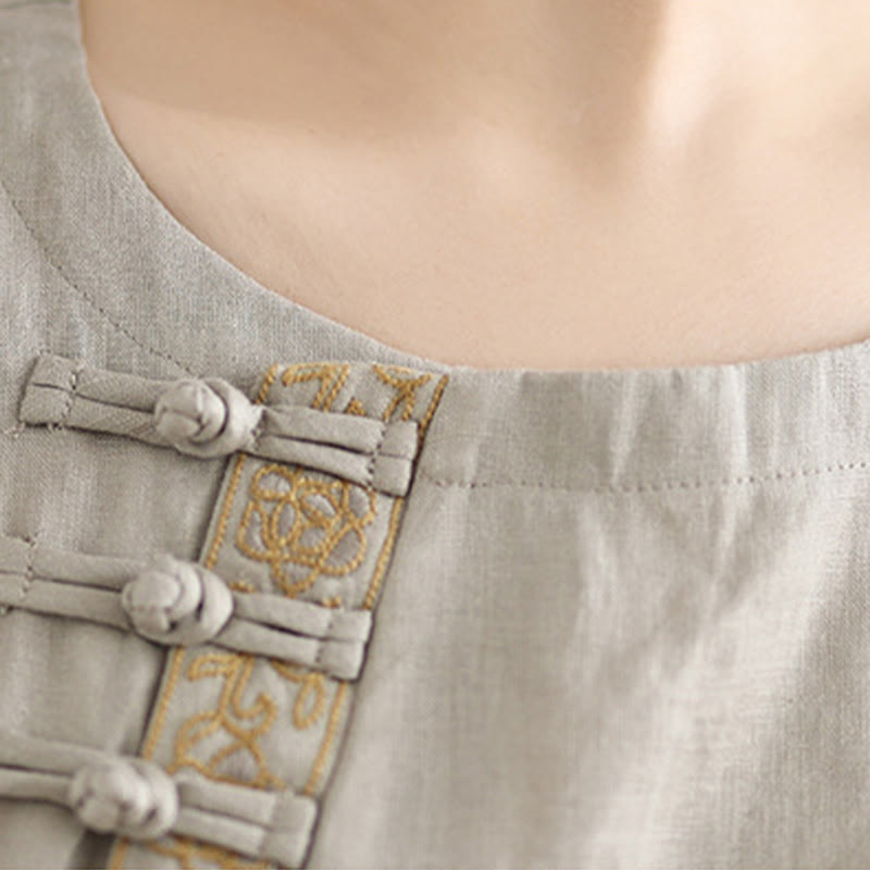 Buddha Stonesカジュアル レディース 刺繍花柄 フロッグボタン クルーネックデザイン 半袖 コットンリネンシャツ - image 7