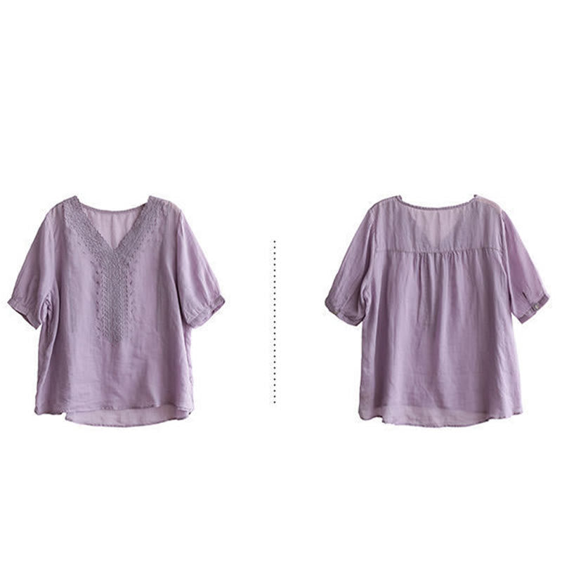 Buddha Stones夏 カジュアル 刺繍柄 レディース Vネックデザイン 半袖 コットンリネン Tシャツ - image 5