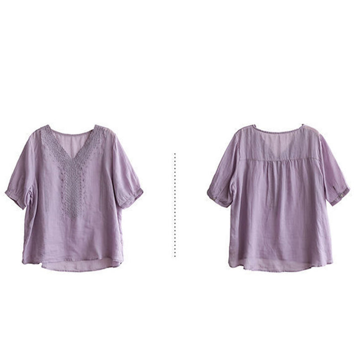 Buddha Stones夏 カジュアル 刺繍柄 レディース Vネックデザイン 半袖 コットンリネン Tシャツ - image 5