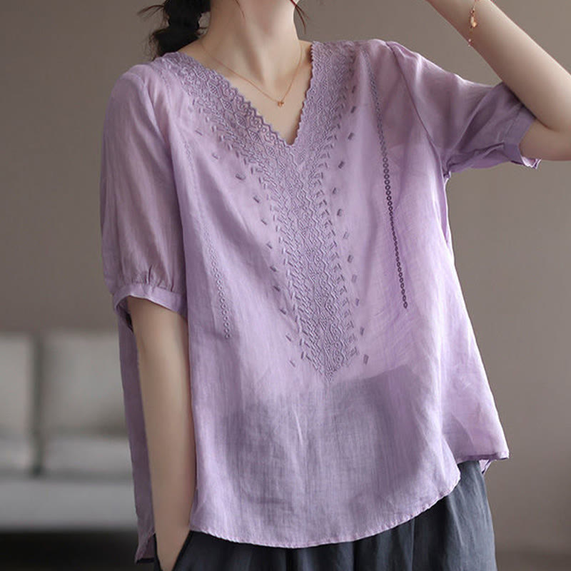 Buddha Stones夏 カジュアル 刺繍柄 レディース Vネックデザイン 半袖 コットンリネン Tシャツ - 梅 - US8-10，UK/AU12-14，EU40-42 (2XL) - image 0