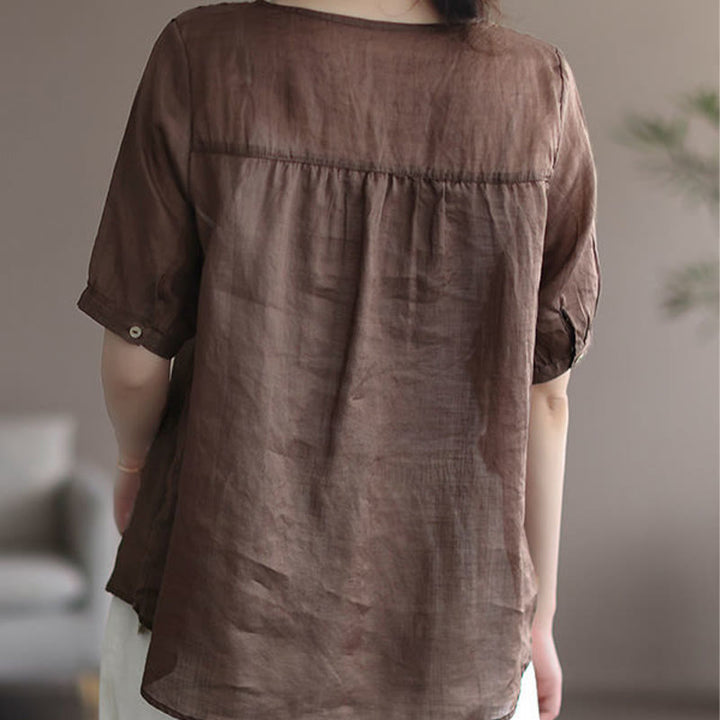 Buddha Stones夏 カジュアル 刺繍柄 レディース Vネックデザイン 半袖 コットンリネン Tシャツ - image 9