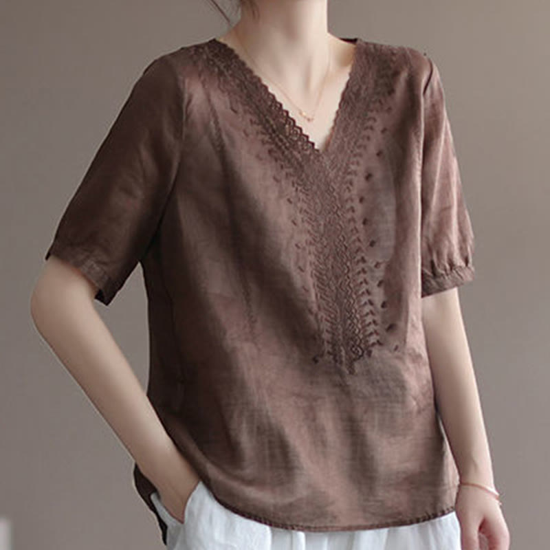 Buddha Stones夏 カジュアル 刺繍柄 レディース Vネックデザイン 半袖 コットンリネン Tシャツ - image 7