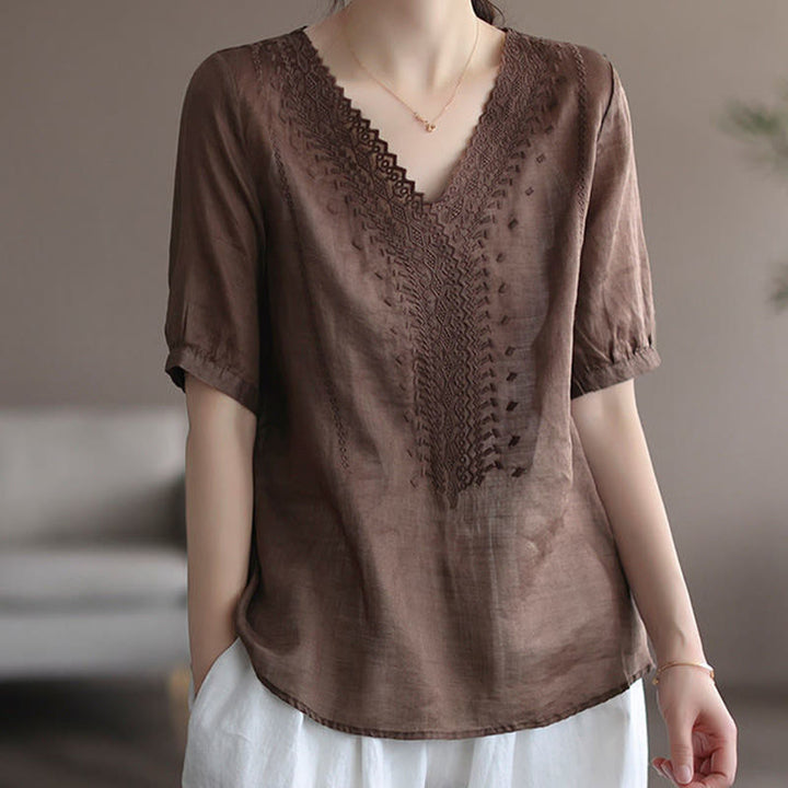 Buddha Stones夏 カジュアル 刺繍柄 レディース Vネックデザイン 半袖 コットンリネン Tシャツ - シエナ - US8-10，UK/AU12-14，EU40-42 (2XL) - image 6