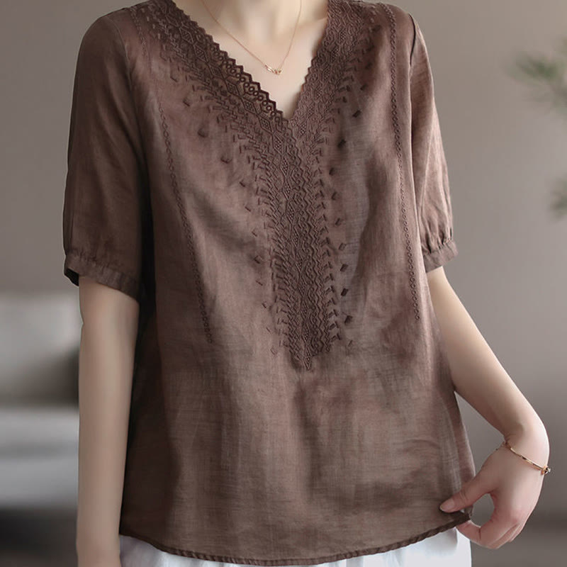 Buddha Stones夏 カジュアル 刺繍柄 レディース Vネックデザイン 半袖 コットンリネン Tシャツ - image 8