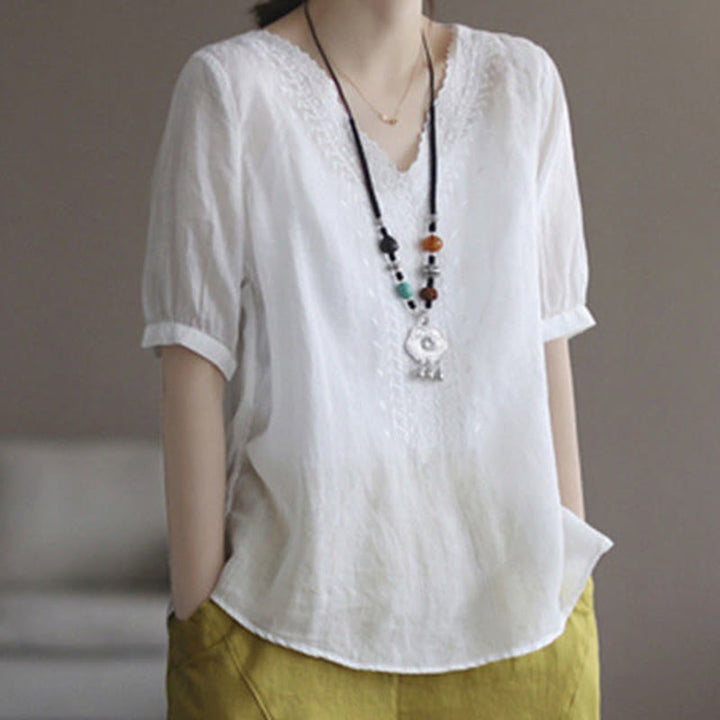 Buddha Stones夏 カジュアル 刺繍柄 レディース Vネックデザイン 半袖 コットンリネン Tシャツ - 白 - US8-10，UK/AU12-14，EU40-42 (2XL) - image 10