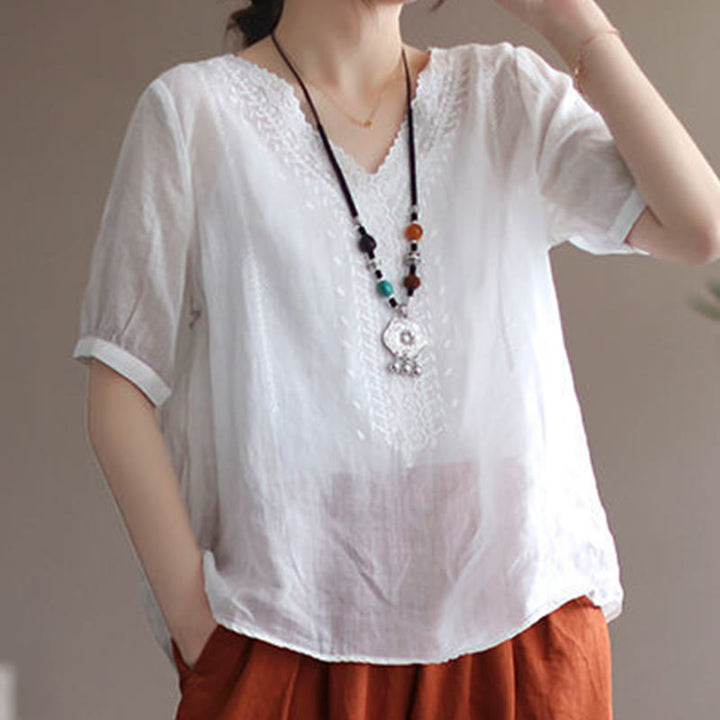 Buddha Stones夏 カジュアル 刺繍柄 レディース Vネックデザイン 半袖 コットンリネン Tシャツ - image 11