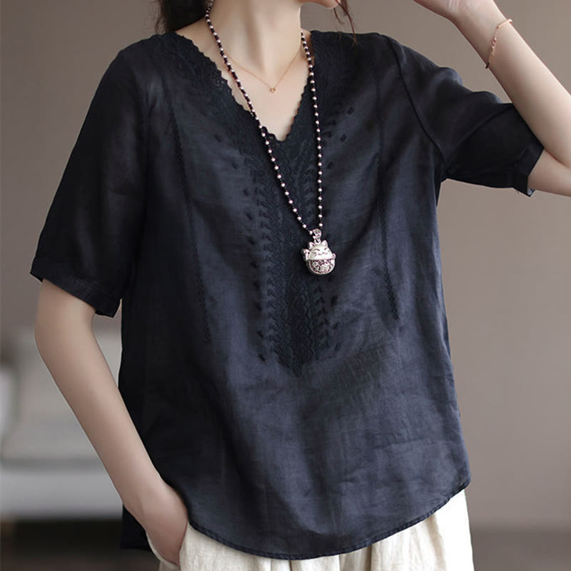 Buddha Stones夏 カジュアル 刺繍柄 レディース Vネックデザイン 半袖 コットンリネン Tシャツ - image 13