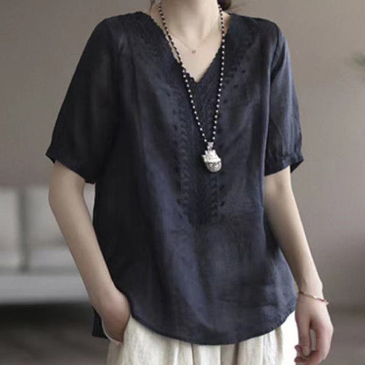 Buddha Stones夏 カジュアル 刺繍柄 レディース Vネックデザイン 半袖 コットンリネン Tシャツ - 黒 - US8-10，UK/AU12-14，EU40-42 (2XL) - image 12