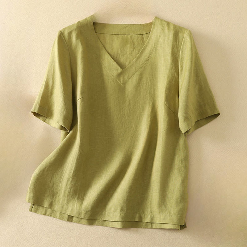 Buddha Stones夏 カジュアル 無地 レディース Vネック デザイン 半袖 コットン Tシャツ - 黄緑 - US8-10，UK/AU12-14，EU40-42 (2XL) - image 0