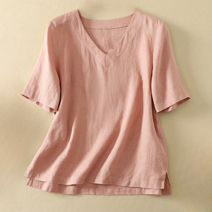 Buddha Stones夏 カジュアル 無地 レディース Vネック デザイン 半袖 コットン Tシャツ - ピンク - US8-10，UK/AU12-14，EU40-42 (2XL) - image 5