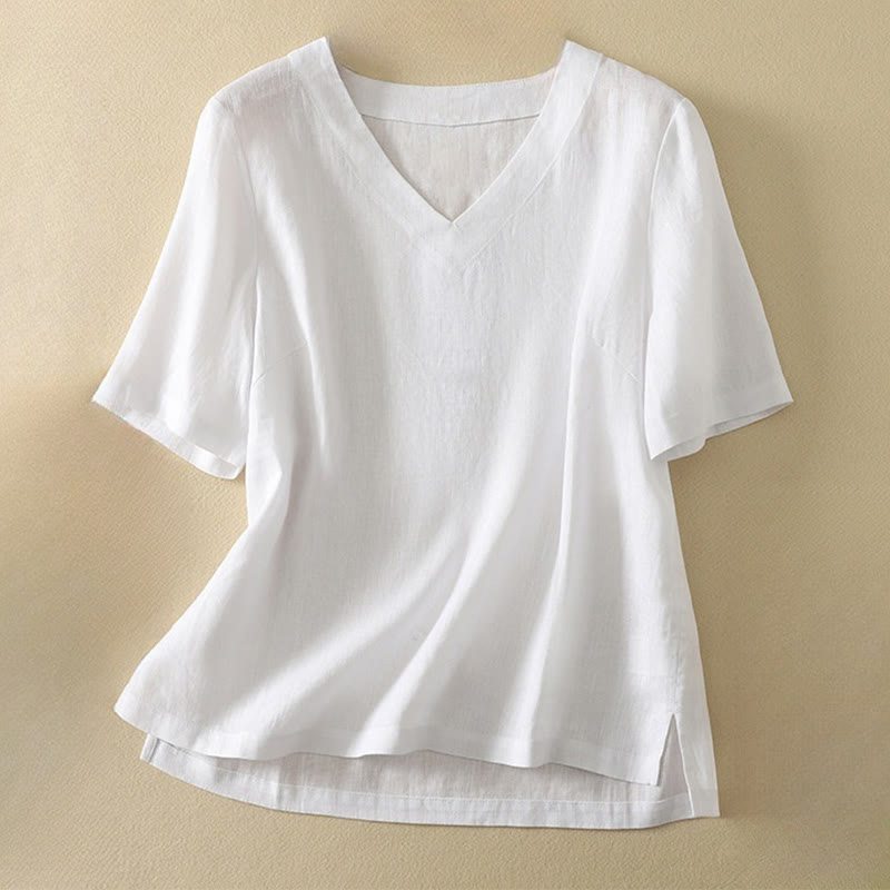 Buddha Stones夏 カジュアル 無地 レディース Vネック デザイン 半袖 コットン Tシャツ - 白 - US8-10，UK/AU12-14，EU40-42 (2XL) - image 10