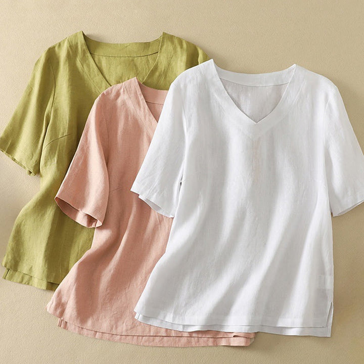 Buddha Stones夏用 カジュアル 無地 ポリエステル レディース Vネック ハーフスリーブ Tシャツ - image 20