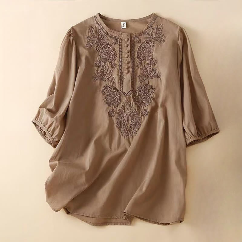 Buddha Stonesカジュアル レディース 刺繍花柄クルーネックデザイン 半袖コットンリネンシャツ - サドルブラウン - US8-10，UK/AU12-14，EU40-42 (2XL) - image 0