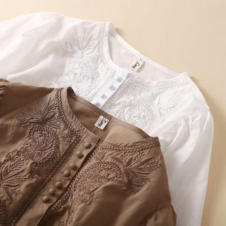 Buddha Stonesカジュアル レディース 刺繍花柄クルーネックデザイン 半袖コットンリネンシャツ - image 15