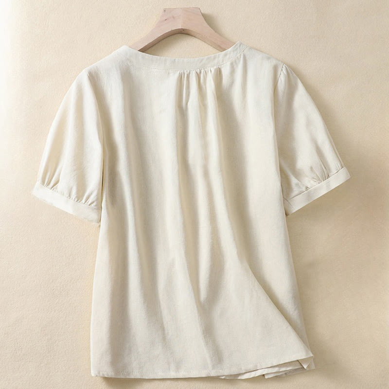 Buddha Stonesカジュアル レディース 無地 クルーネック ボタンデザイン ハーフスリーブ リネンシャツ - image 1