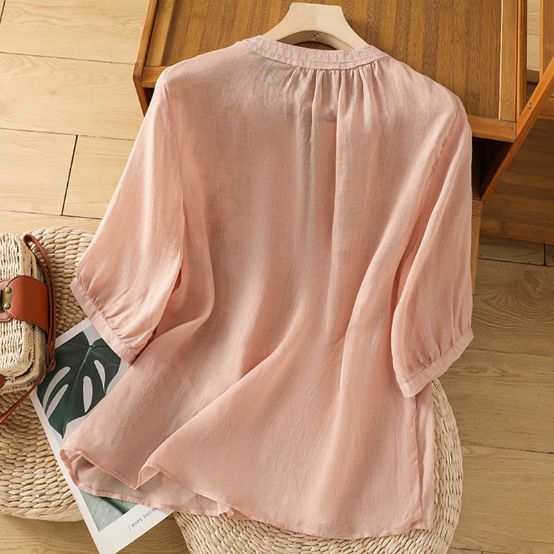 Buddha Stonesカジュアル レディース 花 緑の葉 刺繍柄 Vネックデザイン 半袖 コットンリネンシャツ - image 4