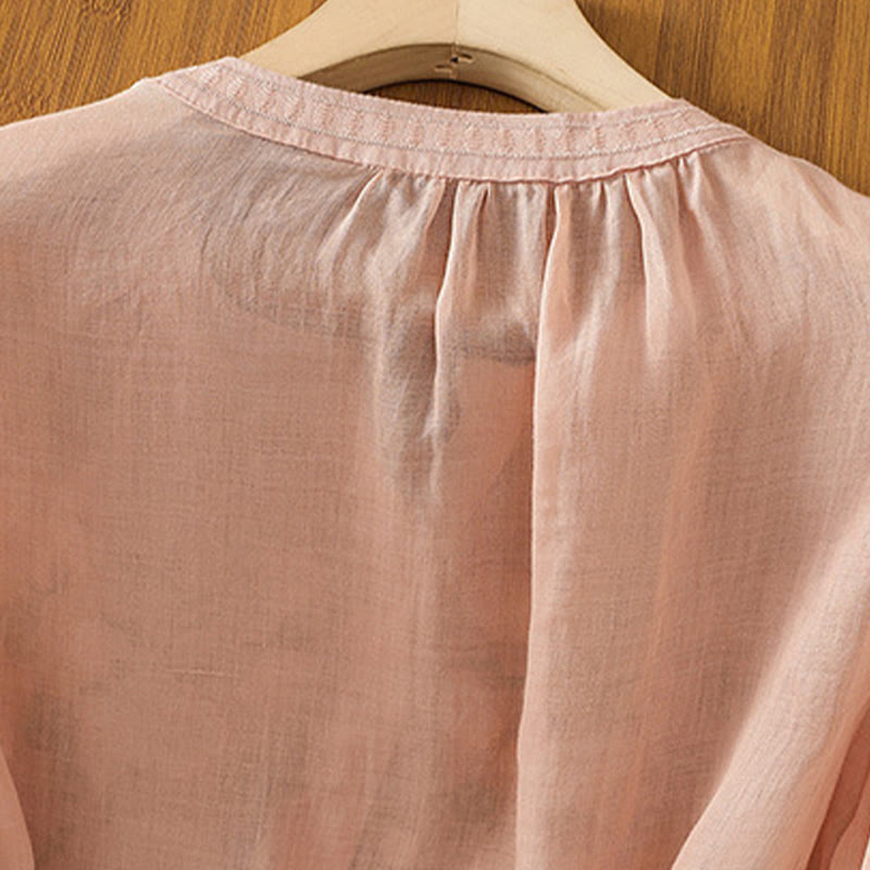 Buddha Stonesカジュアル レディース 花 緑の葉 刺繍柄 Vネックデザイン 半袖 コットンリネンシャツ - image 5