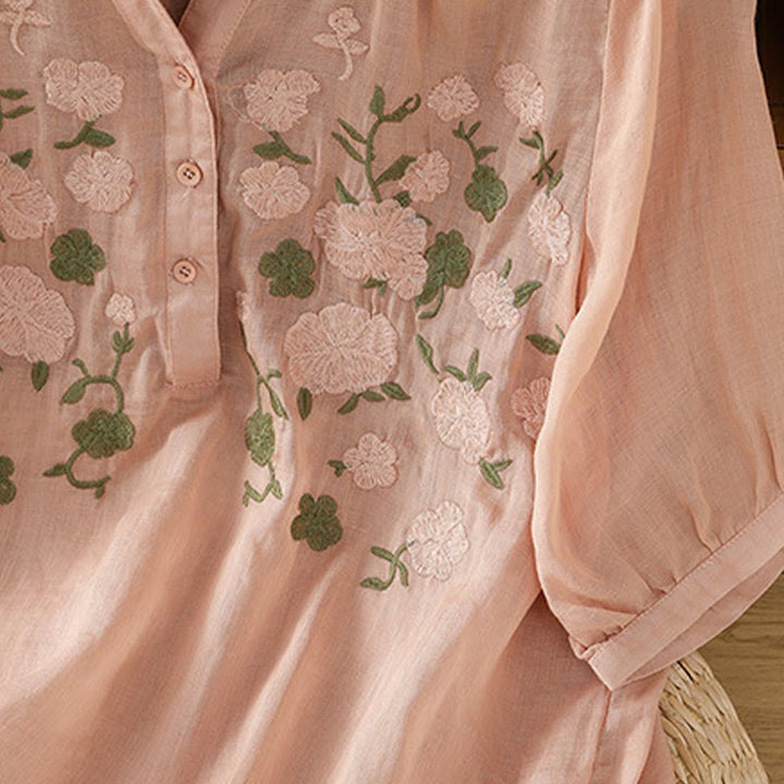 Buddha Stonesカジュアル レディース 花 緑の葉 刺繍柄 Vネックデザイン 半袖 コットンリネンシャツ - image 8