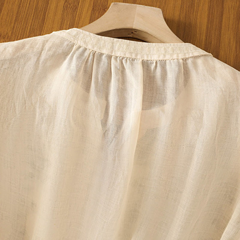 Buddha Stonesカジュアル レディース 花 緑の葉 刺繍柄 Vネックデザイン 半袖 コットンリネンシャツ - image 14