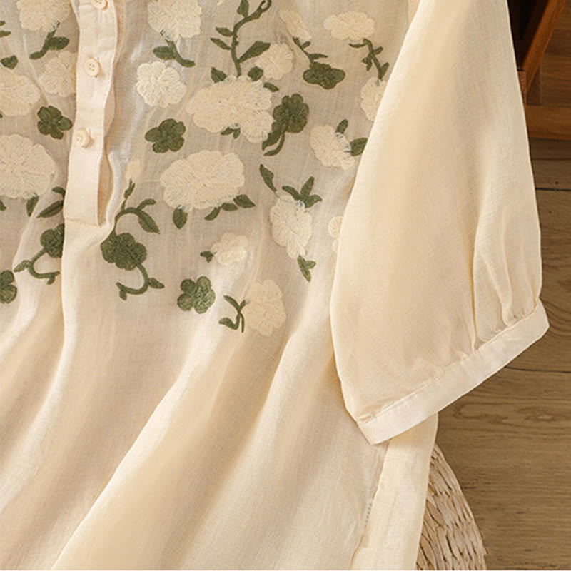 Buddha Stonesカジュアル レディース 花 緑の葉 刺繍柄 Vネックデザイン 半袖 コットンリネンシャツ - image 15