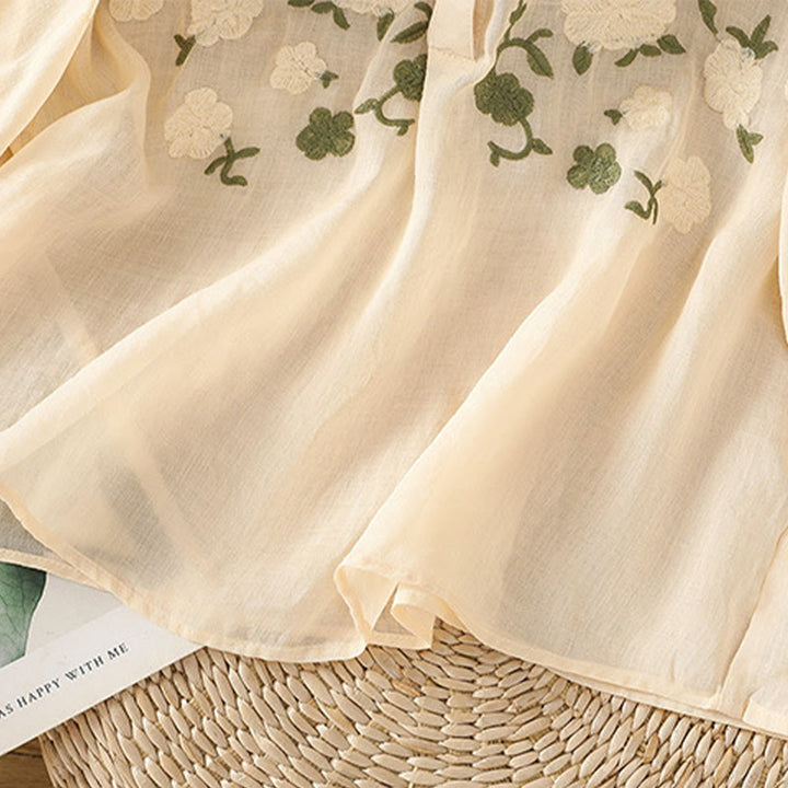 Buddha Stonesカジュアル レディース 花 緑の葉 刺繍柄 Vネックデザイン 半袖 コットンリネンシャツ - image 13