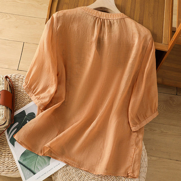 Buddha Stonesカジュアル レディース 花 緑の葉 刺繍柄 Vネックデザイン 半袖 コットンリネンシャツ - image 20