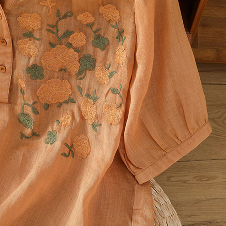 Buddha Stonesカジュアル レディース 花 緑の葉 刺繍柄 Vネックデザイン 半袖 コットンリネンシャツ - image 18