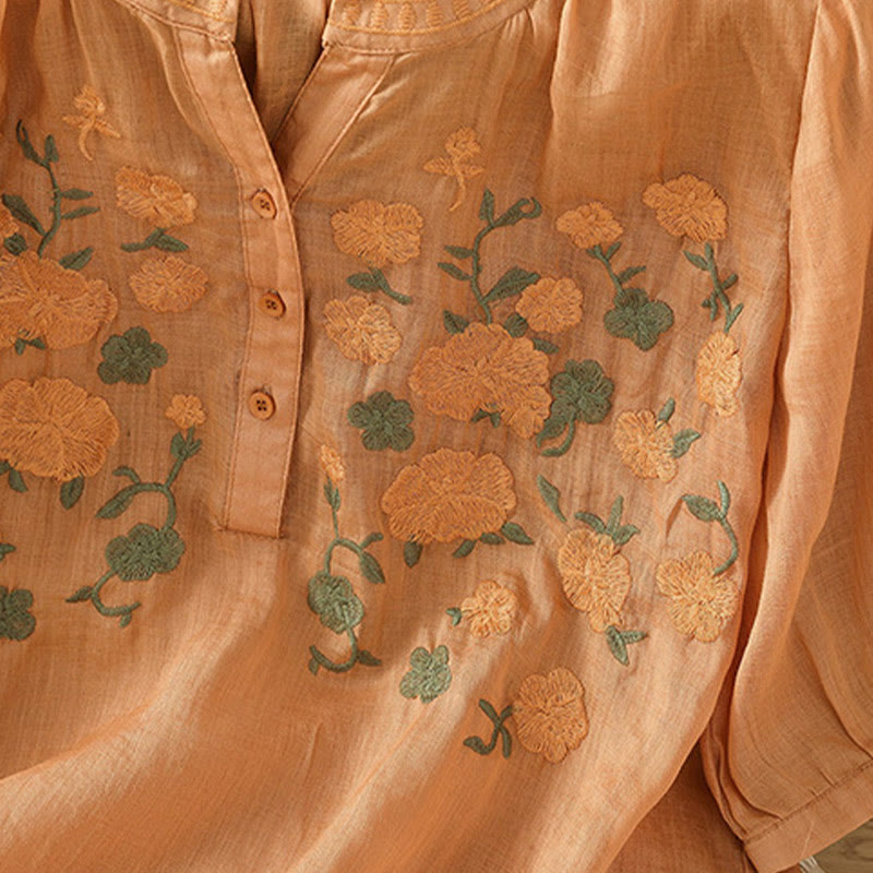 Buddha Stonesカジュアル レディース 花 緑の葉 刺繍柄 Vネックデザイン 半袖 コットンリネンシャツ - image 17