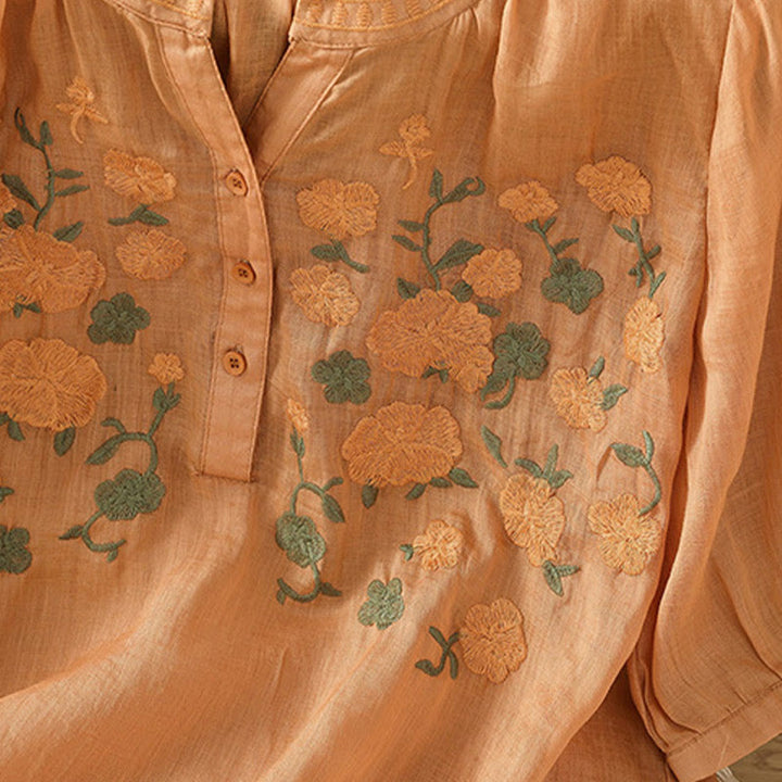 Buddha Stonesカジュアル レディース 花 緑の葉 刺繍柄 Vネックデザイン 半袖 コットンリネンシャツ - image 17