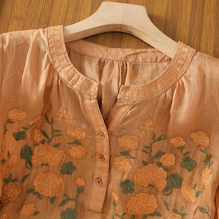 Buddha Stonesカジュアル レディース 花 緑の葉 刺繍柄 Vネックデザイン 半袖 コットンリネンシャツ - image 22