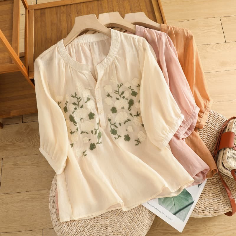 Buddha Stonesカジュアル レディース 花 緑の葉 刺繍柄 Vネックデザイン 半袖 コットンリネンシャツ - image 23