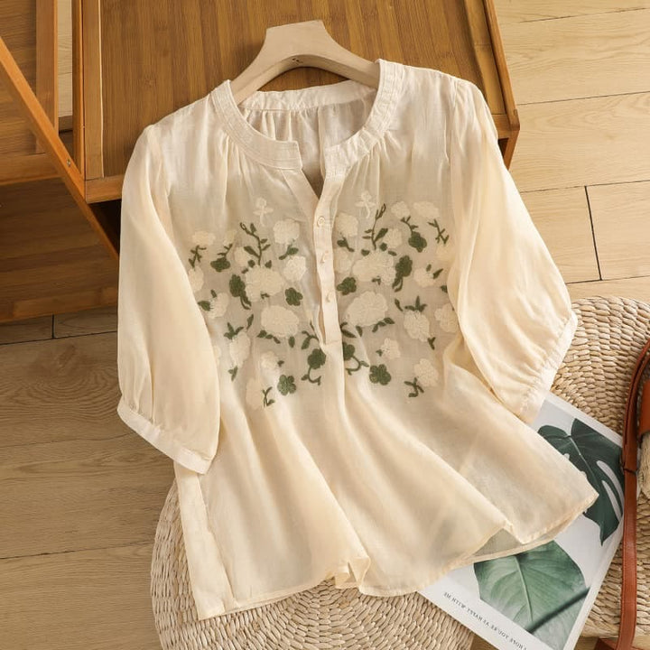 Buddha Stonesカジュアル レディース 花 緑の葉 刺繍柄 Vネックデザイン 半袖 コットンリネンシャツ - パパイヤホイップ - US8-10，UK/AU12-14，EU40-42 (2XL) - image 9