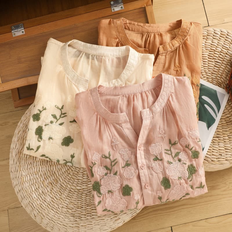 Buddha Stonesカジュアル レディース 花 緑の葉 刺繍柄 Vネックデザイン 半袖 コットンリネンシャツ - image 24