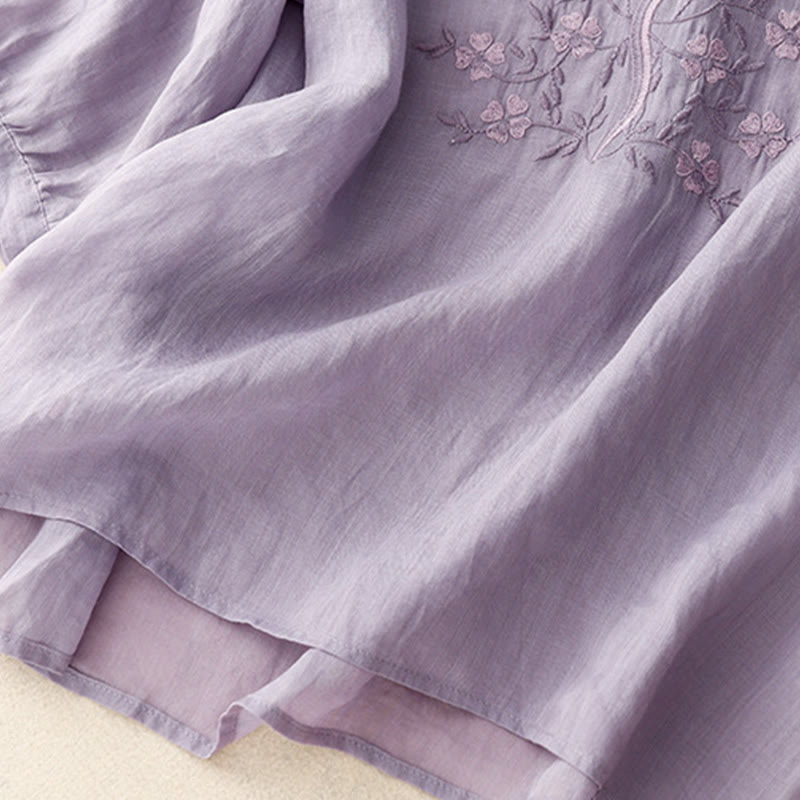 Buddha Stones夏 カジュアル 刺繍 花 レディース Vネック デザイン 半袖 アクリル Tシャツ - image 4