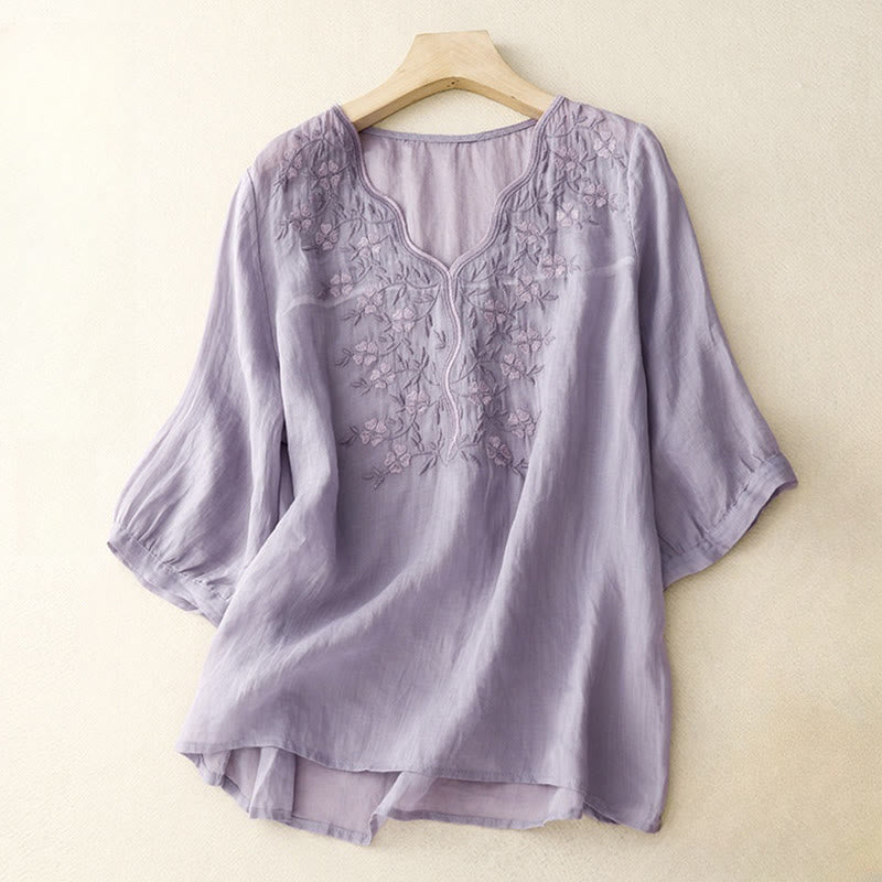 Buddha Stones夏 カジュアル 刺繍 花 レディース Vネック デザイン 半袖 アクリル Tシャツ - 梅 - US8-10，UK/AU12-14，EU40-42 (2XL) - image 0