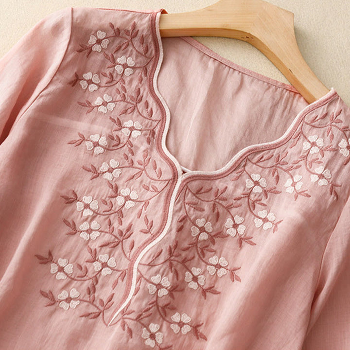 Buddha Stones夏 カジュアル 刺繍 花 レディース Vネック デザイン 半袖 アクリル Tシャツ