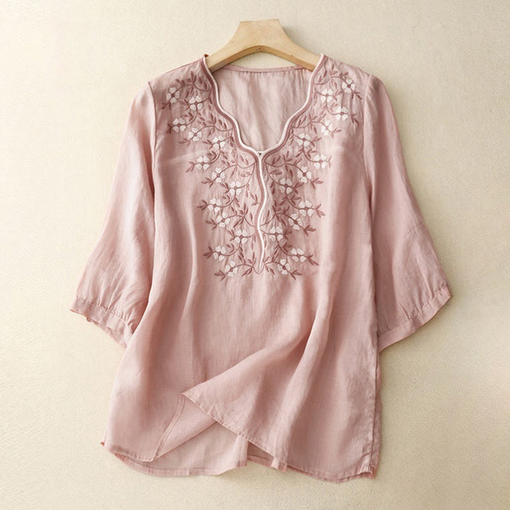 Buddha Stones夏 カジュアル 刺繍 花 レディース Vネック デザイン 半袖 アクリル Tシャツ - ピンク - US8-10，UK/AU12-14，EU40-42 (2XL) - image 6