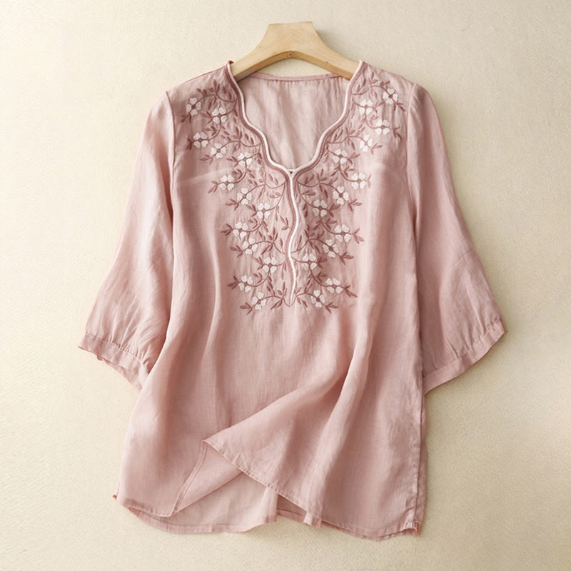 Buddha Stones夏 カジュアル 刺繍 花 レディース Vネック デザイン 半袖 アクリル Tシャツ