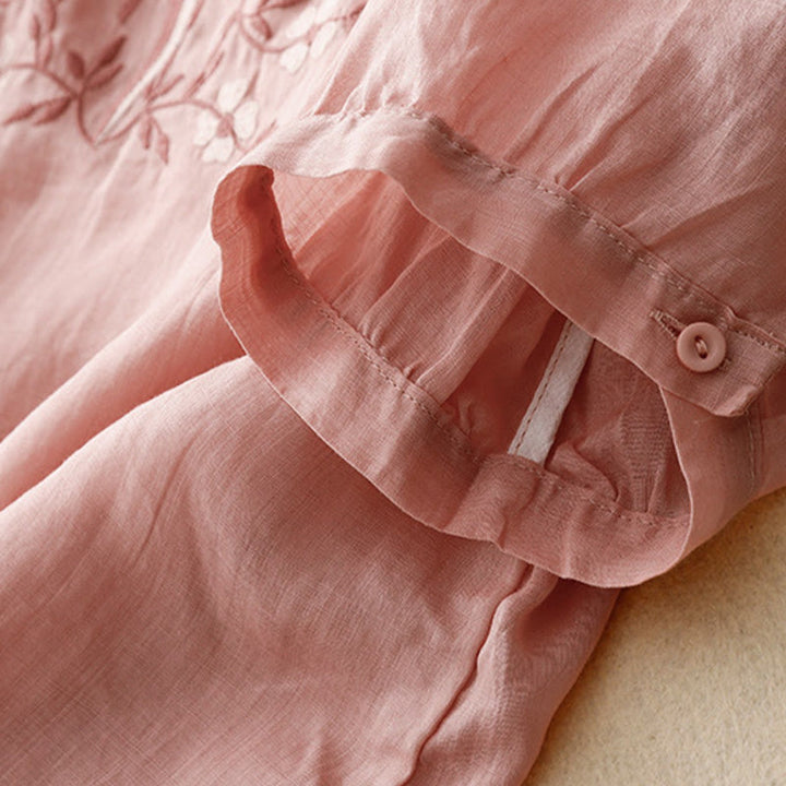 Buddha Stones夏 カジュアル 刺繍 花 レディース Vネック デザイン 半袖 アクリル Tシャツ - image 9